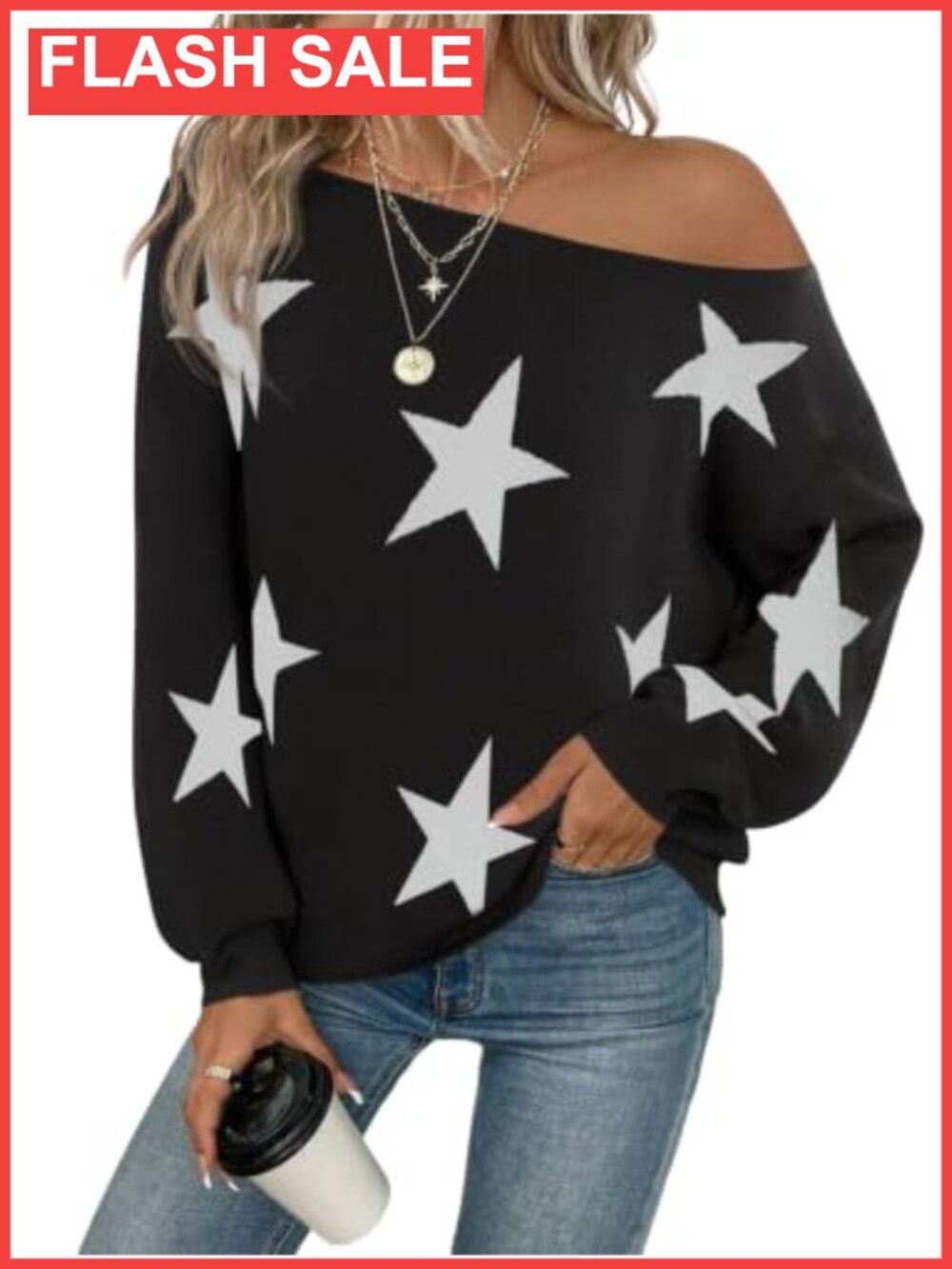 Off Shoulder Star Knit Pullover Sweater Batwing Sleeve Loose Oversized Tunic